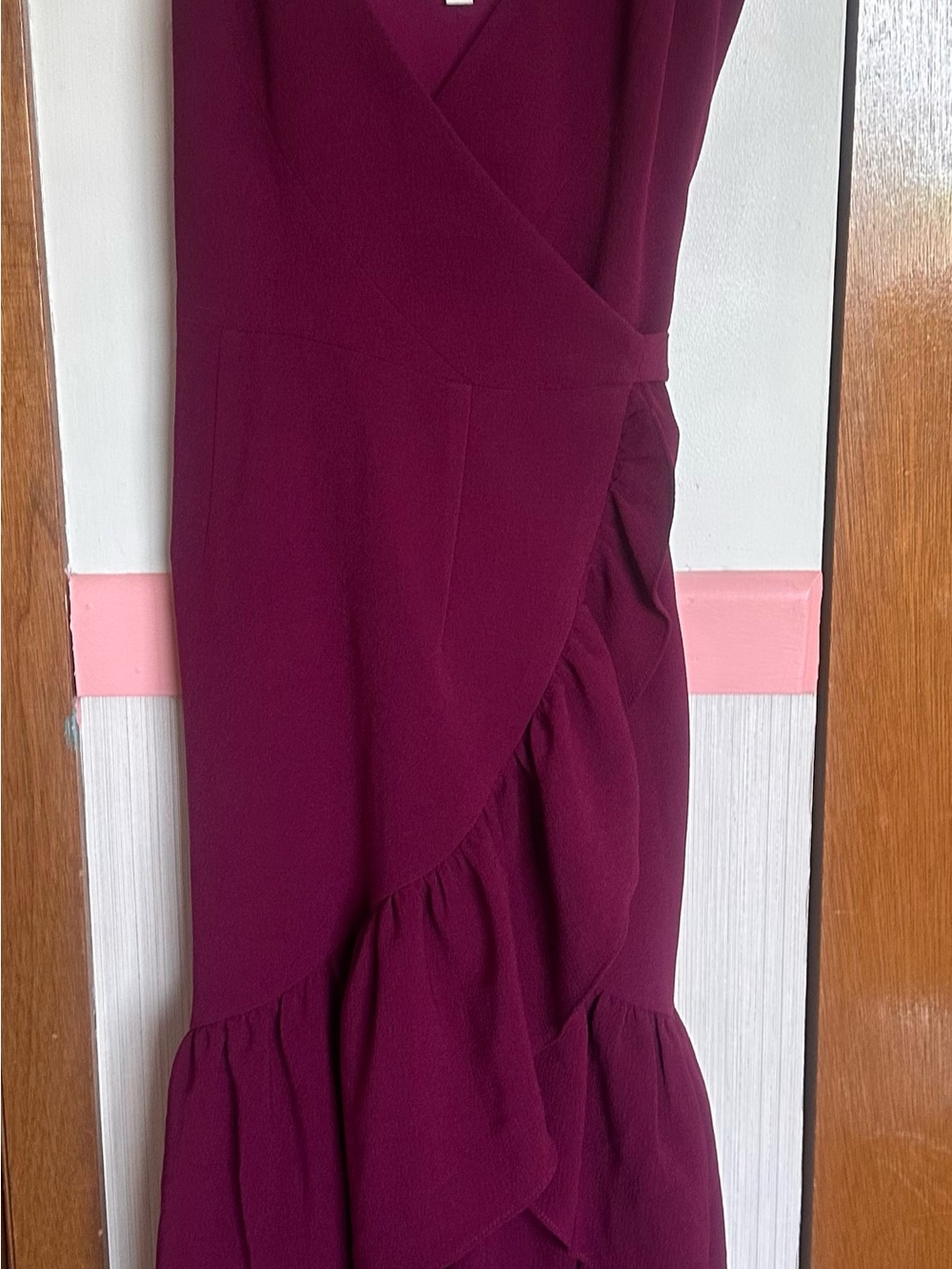 Dress the Population Wrap-Style Midi Dress in magenta color